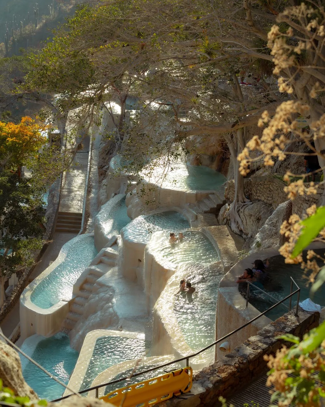 Incredible panorama from Tolantongo tours: Terraced thermal water pools nestled into the side of the magnificent canyon.