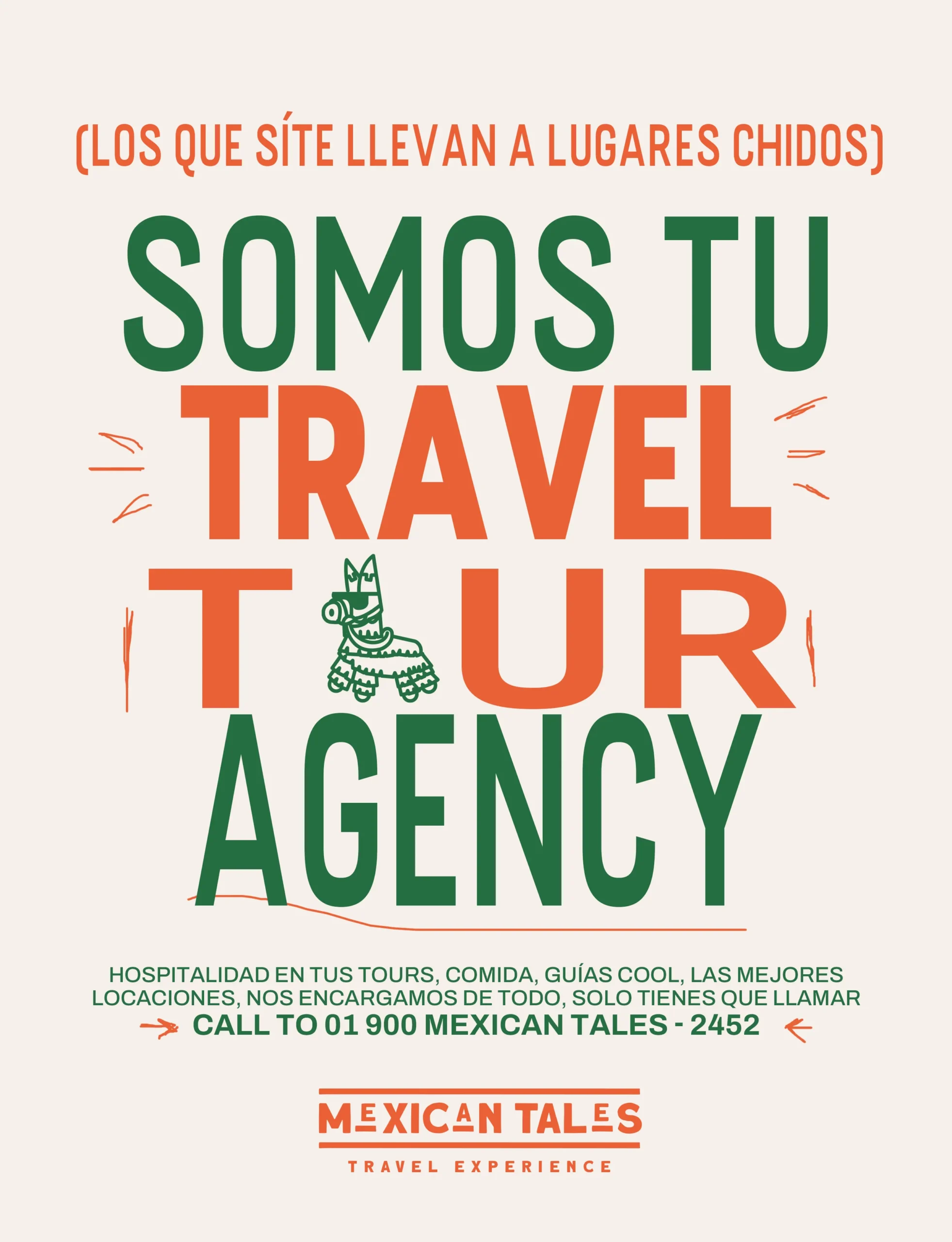 Marketing poster for Mexican Tales, your cool travel agency. We handle logistics for your Teotihuacan pyramids tour.