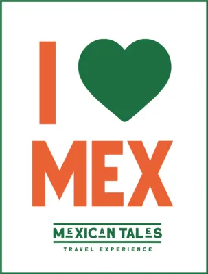 Graphic design logo saying "I HEART MEX" in green and orange, promoting a premium Xochimilco tour and travel experience.