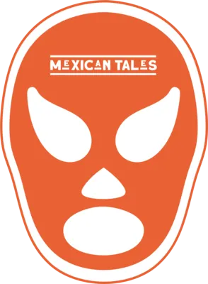 Bold orange and white circular logo featuring a stylized Lucha Libre mask with the "Mexican Tales" text overlay.