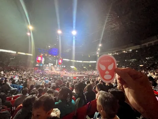 Crowd watching a live match at a Lucha libre Mexico City, event with a wrestler mask sticker in the foreground.