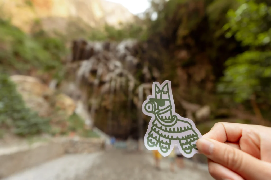 Close up of a green piñata sticker held in front of a canyon, representing unique experiences in Mexico City trips.