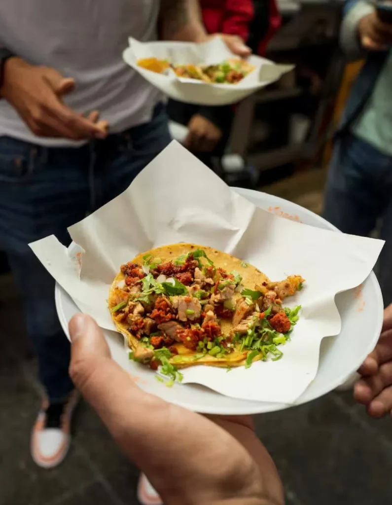 A delicious pastor taco with cilantro and onions served on a plate, representing the best tacos in Mexico City.